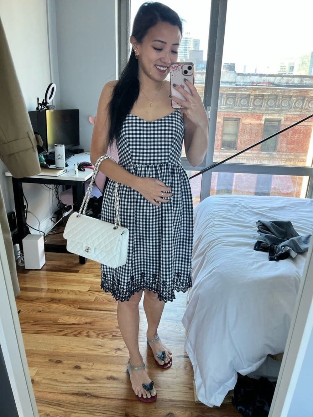DRAPER JAMES Navy White Gingham Checkers Eyelet Scalloped Hemline Dress sz 2